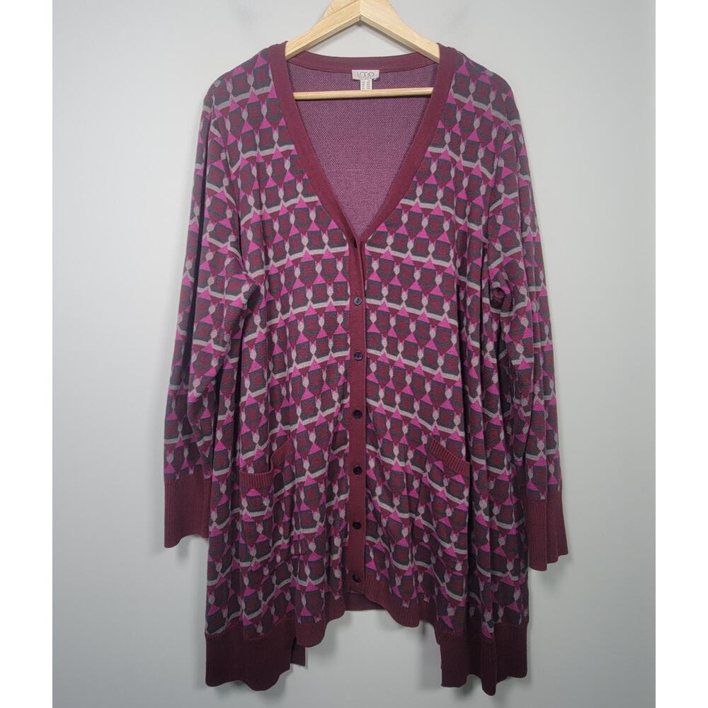 LOGO Lori Goldstein Womens 2X Plus Geometric Print Button Cardigan